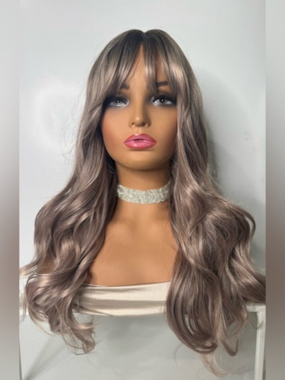Long Wavy Ash Brown Balayage Silver lilac Wig – Curtain Bangs, Classic